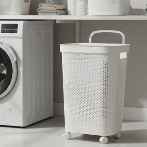 뚜껑 있는 바퀴달린 빨래 통 이동식 바퀴형 대용량 메쉬 세탁 바구니 화이트, 60L