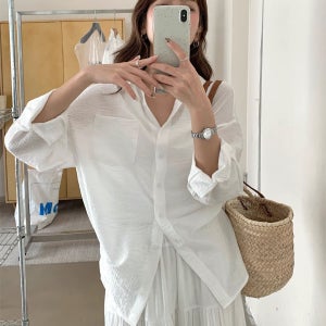 [한정수량 원가세일] 주름 지지미 카라넥 오버핏 시스루 셔츠 2col 제이플로우