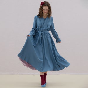 [핑크카티아조] 리본 타이 플레어 드레스 니스블루 pink katiacho Ribbon Tie Flare Dress Nice Blue