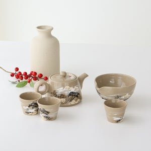 산화 분청 초가설경문 3인 다기세트 (원 손잡이) 도자기 다도 찻잔