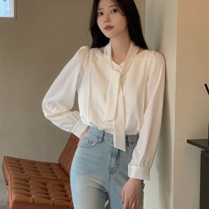 여성 팔뚝살커버 하객블라우스 브이넥 타이 결혼식 블라우스 화이트 블랙 44-77 오피스룩