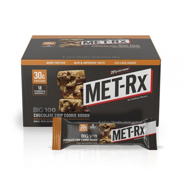 <b>MET-Rx</b> Big 100 거대한 단백질 바, 초콜릿 칩 쿠키 반죽 스타일 식사 대체 바, 9개