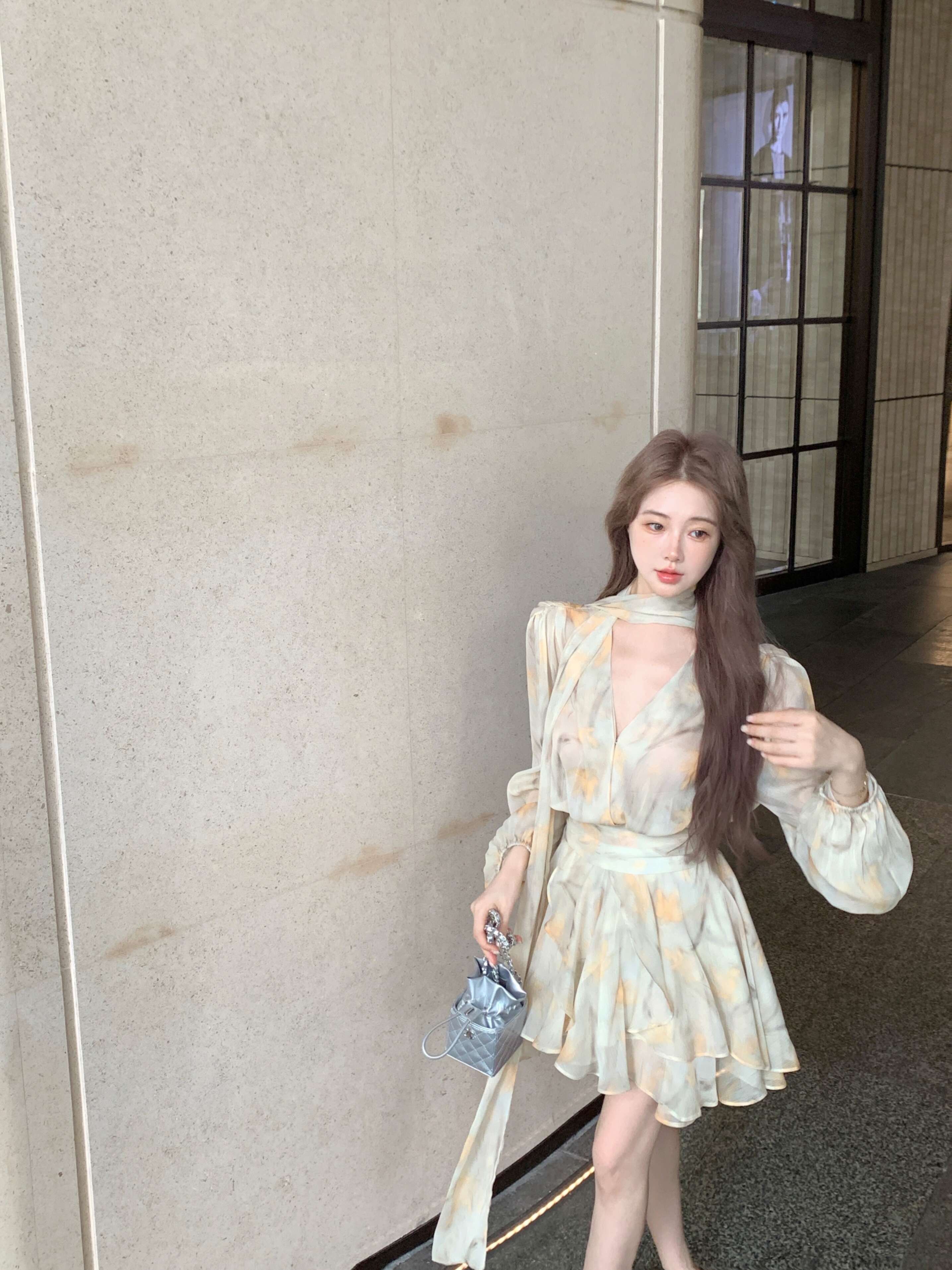 (당일발송)브이넥 퍼프슬리브 옐로 플로럴 시폰 원피스 미니원피스-TD0202 BB340934vl