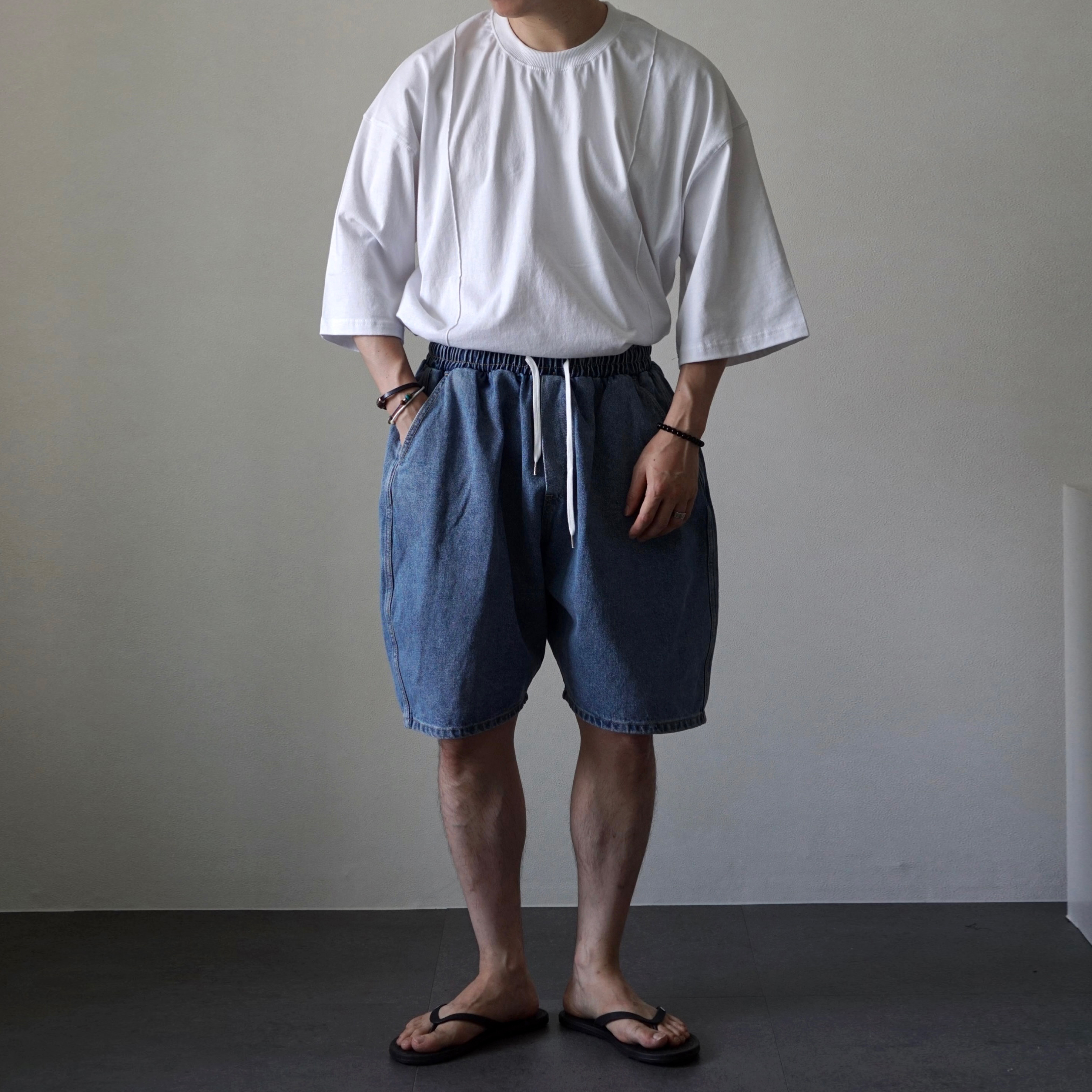 닉 5부 데님 벌룬핏 반바지 밴딩 연청 중청 워싱 청반바지