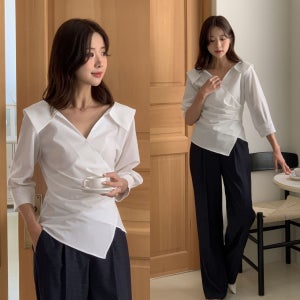 여성 하객블라우스 구김없는 슬림 브이넥 셔츠 카라 랩 블라우스 6컬러 44-77 오피스룩