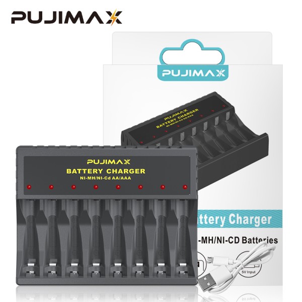 PUJIMAX USB C 타입 충전식 배터리, 범용 배터리 충전기 어댑터, 전원 액세서리용 배터리 충전기, AA, AAA, 8 슬롯