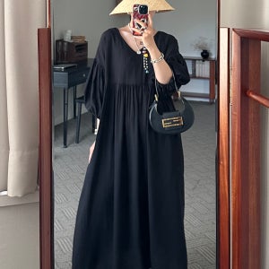 (지금부터가을까지)브이넥 벌룬소매 롱 원피스 2color/여성 빅사이즈ops