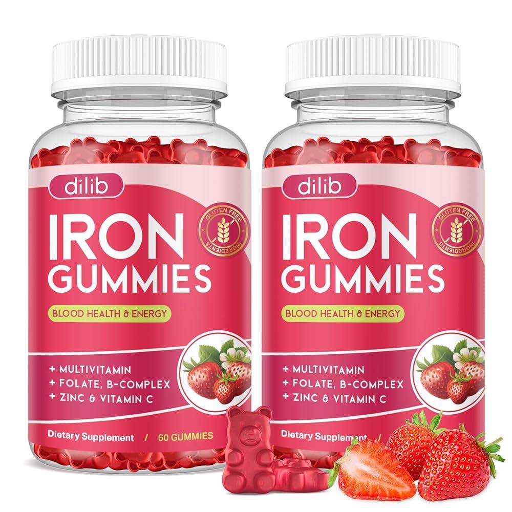 dilib <b>멀티비타민</b> <b>아이언</b> 젤리 철분 성인 아동용 비건 딸기맛 <b>60</b>개 2팩