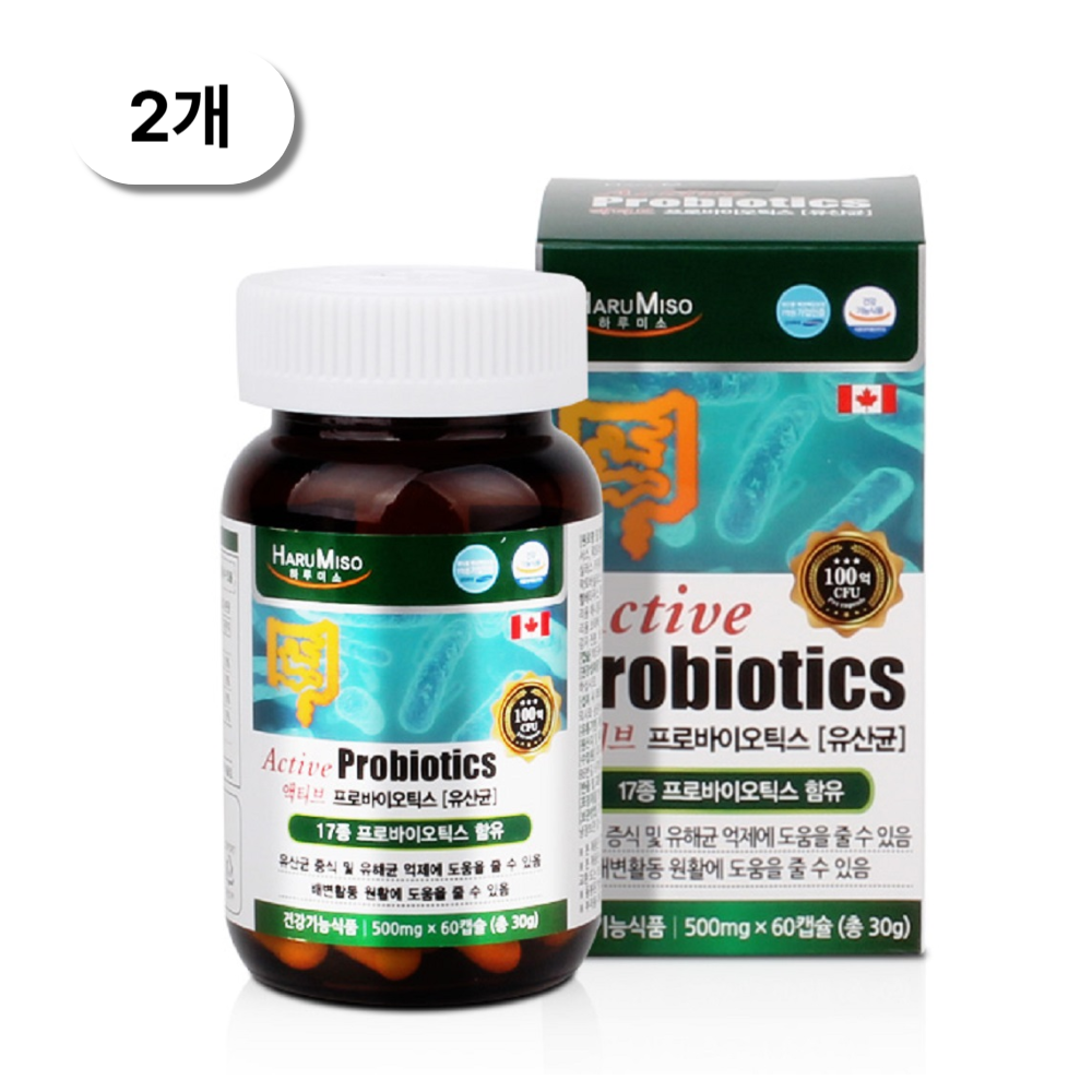 액티브 17종 <b>프로바이오틱스</b> <b>유산균</b> 캐나다 직수입 500mg 60캡슐 2병