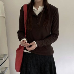 레브 데일리 버튼티 3color 골지티셔츠 기본상의 루즈핏 레이어드 단추 라운드넥 이너티 데일리룩 개강룩