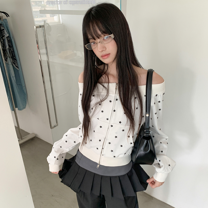 DDgirl 티셔츠 화이트 오프숄더 별 프린팅 집업 스웨트셔츠