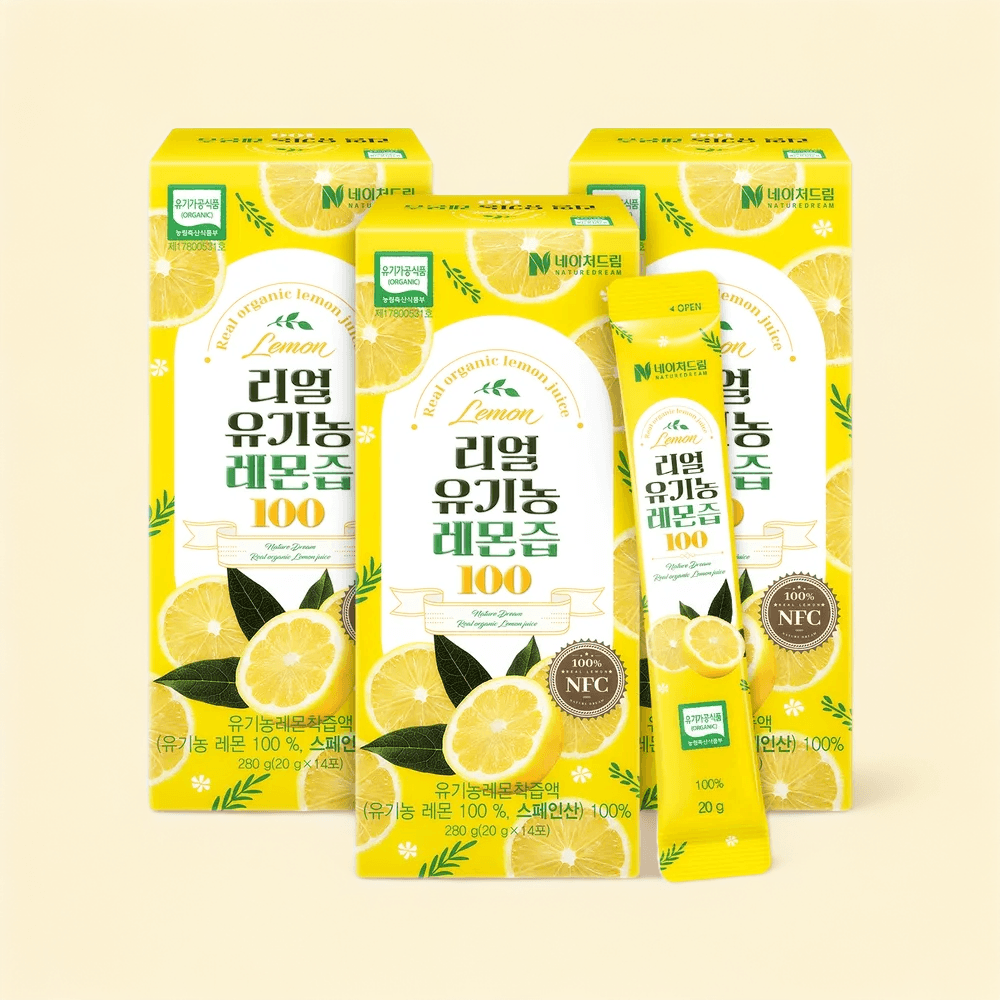 리얼 유기농 레몬즙 <b>네이처드림</b> 100% 레몬액 스틱 3박스(42포) 착즙액