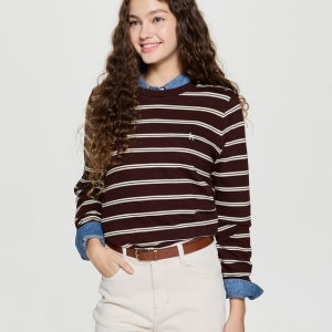 헤지스 여성 클래식핏 니트라이크 스트라이프 스웨트셔츠 브라운 HSTS5DC82W2