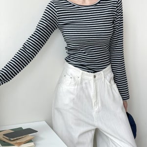 al 피넛티 사계절 스트라이프 단가라 슬림핏 이너 레이어드 베이직 가을 스판 긴팔 티셔츠