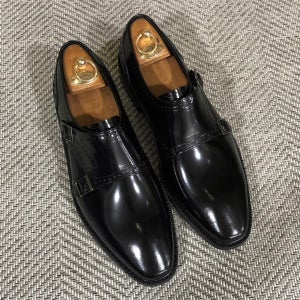 남자수제구두 발편한 정장구두 남자수제화 40대남자구두 블랙 웨인 브로깅 더블 몽크스트랩