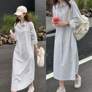 봄 가을 원피스 편안한 루즈핏 데일리 여행 스트라이프 롱 셔츠원피스 화이트 블루 44-99