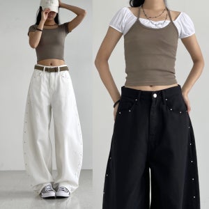 화이트팬츠 스터드 벌룬핏 와이드 여성 하이웨스트 흰색바지 통넓은 면바지 스터드업 벌룬팬츠