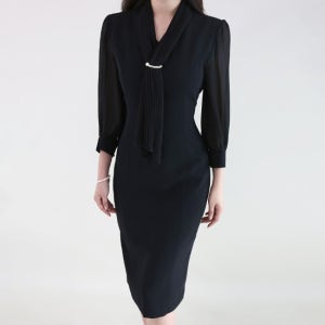 격식있는 모임룩 브이넥 플리츠 스카프 하객 상견례 원피스