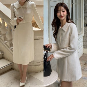 하객원피스 오피스정장 빅사이즈 블랙 크림 숏/롱 기장선택 상견례 돌잔치 트위드 원피스