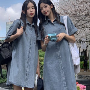 여름 편안한 데님원피스 루즈핏 빅사이즈 연청 데일리 반팔 셔츠 원피스 숏/롱 기장선택