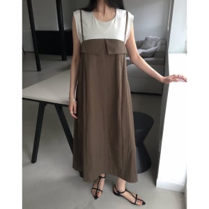 브이컷 레이어드 롱원피스 캡소매 뷔스티에 느낌 나시 롱원피스 간절기룩