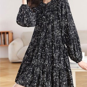 [루씨앤] 로질 여성 미니원피스 쉬폰 하객룩 결혼식 긴팔 플라워 플레어 미니 원피스 8560