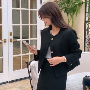 가을 여성 빅사이즈 트위드 자켓 셋업 세미크롭 노카라 블랙 상견례 돌잔치룩 44-88