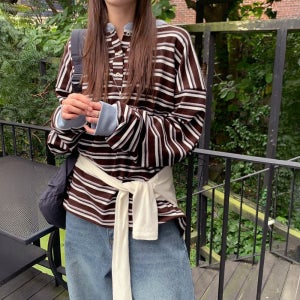 로클 스트라이프 오버핏배색티 3color 차이나카라 단가라티셔츠 개강룩 캠퍼스 여행룩 루즈핏 가을코디