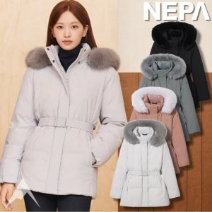 네파 안유진패딩 프리미아 여성 벨티드 미드 구스다운 겨울 폭스퍼 구스 미들기장 패딩