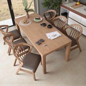 이즈네이처 써클 원목 6인용식탁 세트 식탁+의자3+벤치1, 1800mm, 라이트브라운