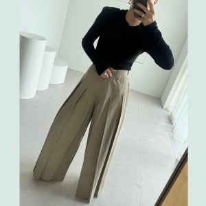 보니따스 몰리즈 주름 팬츠 와이드 가을 뒷밴딩 핀턱 통바지 슬랙스/ 블랙 진베이지