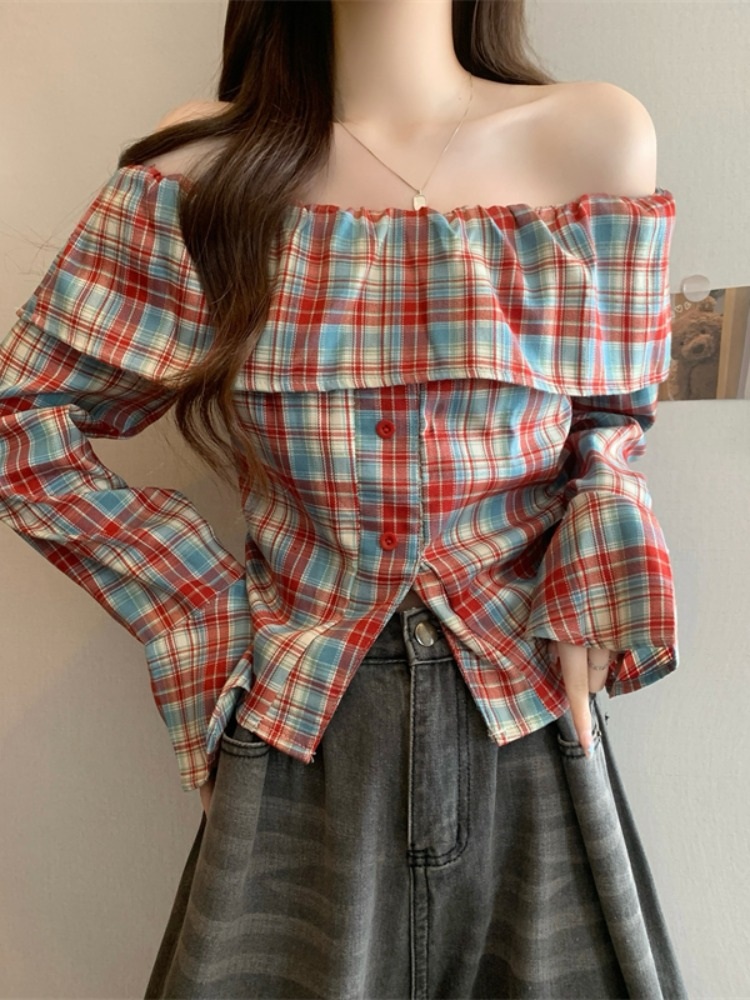 오프숄더 체크 셔츠 블라우스