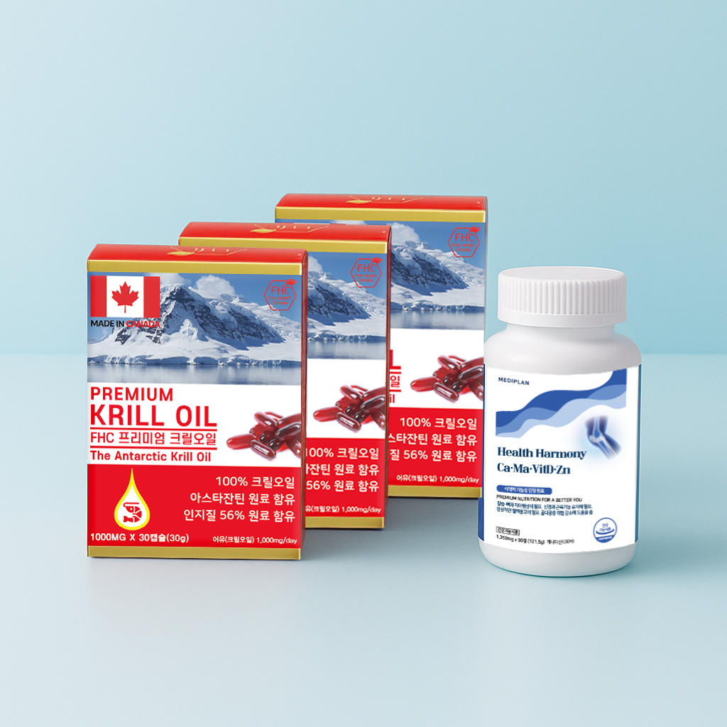 FHC 프리미엄 <b>남극 크릴오일</b> 1000mg 3개 + 헬스하모니 칼슘 마그네슘 비타민D 1개