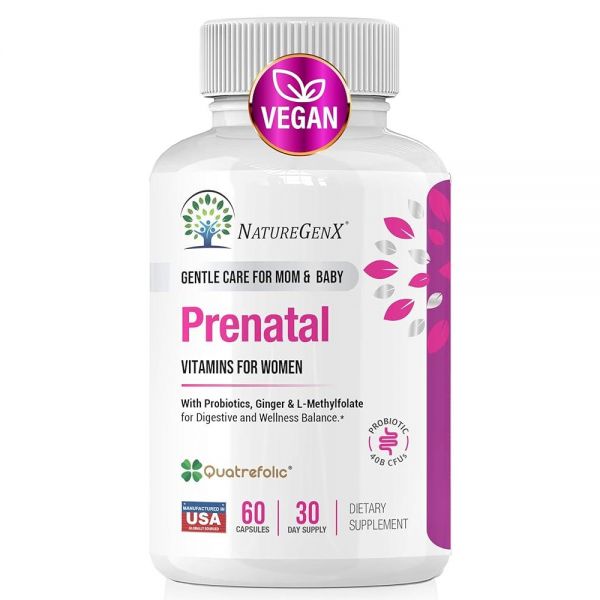 NatureGenX 철분, 메틸엽산, B12 및 생강이 함유된 임산부 비타민, 건강한 임신을 한 27개 이상의 필수 영양소가 포함된 비건 산전 프로바이오틱스, 60캡슐