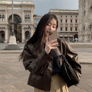 가을 여성 싱글 카라 레더자켓 빅사이즈 루즈핏 세미크롭 브라운 가죽 자켓 3color