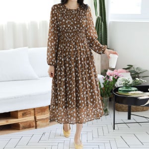 가을 50대 미시 중년여성 허리 스모크 밴딩 플리츠 주름 플라워 쉬폰 롱 원피스