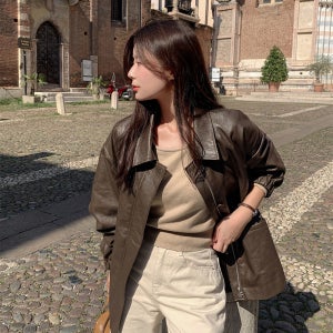 여성 가을 레더자켓 루즈핏 하프 롱 카라 박시한 간절기 가죽 재킷 브라운 블랙 44-99