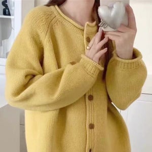 여성가디건 여리 루즈핏 벌룬소매 라운드넥 세미 크롭 루즈핏 봄 니트가디건