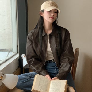 여성 간절기 봄 가을 레더 자켓 루즈핏 브라운 블랙 투웨이 카라 집업 가죽 자켓 44-88