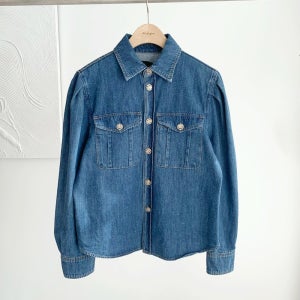 가을 러블리 여성 카라넥 퍼프소매 라방 데님 셔츠