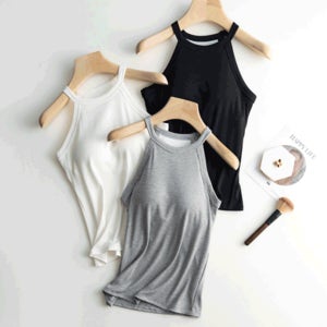 모아유 캡내장 홀터넥 나시 크롭 기본 부유방 커버 브라탑 패드 일체형 골지 캡나시 숏&롱