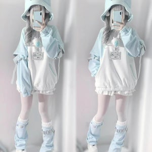 일본 서브컬쳐 패션 봄 가을 간절기 고양이 귀달린 민트 반집업 후드티