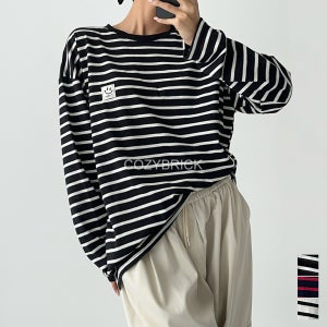 리폴 단가라 면 긴팔 티셔츠 여자 오버핏 스트라이프 (블랙 화이트 네이비)