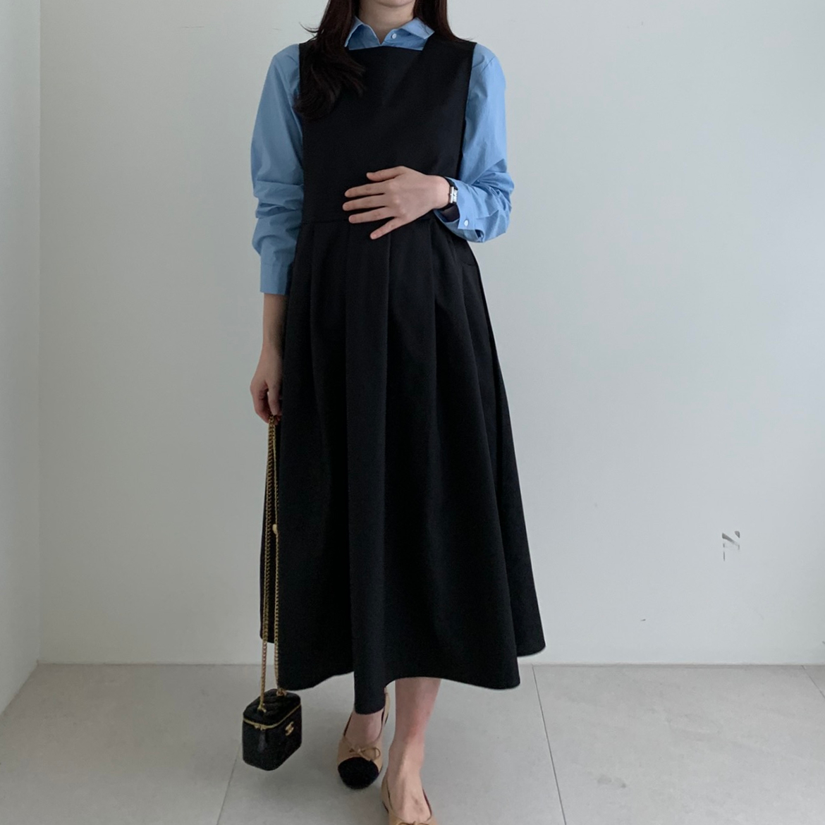 모던 플리츠 레이어드 <b>임산부</b>원피스 <b>임부</b>복 하객룩 오피스룩 나시 롱 빅사이즈