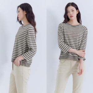 지센 [25FW] 여성 소매 턴업 7부 티셔츠 스트라이프 티셔츠 LCTSP826 KH