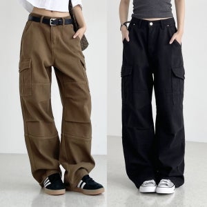 여성카고팬츠 하이웨스트 가을 겨울 브라운 블랙 코튼 세미와이드 면바지 어텀카고팬츠