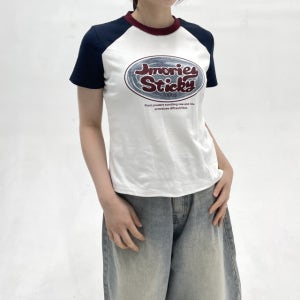 [데일리힙/캠퍼스🏫/개강룩/2COLOR]라운드넥 나그랑 배색 크롭 스판 프린팅 반팔 반소매 티셔츠