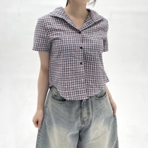 [빈티지힙💜/개강룩/3COLOR]루즈핏 후드 체크 스트링 버튼 굴림 언발 세미크롭 반팔 반소매 셔츠 남방 자켓