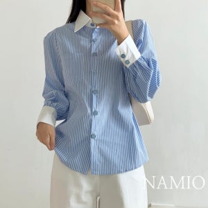 셔츠형블라우스 오픈카라 스트라이프 블루 출근룩 봄 블라우스