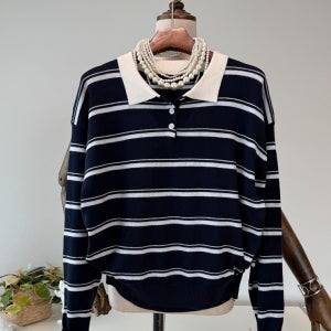 가을신상 배색 스트라이프 카라넥 니트 3컬러